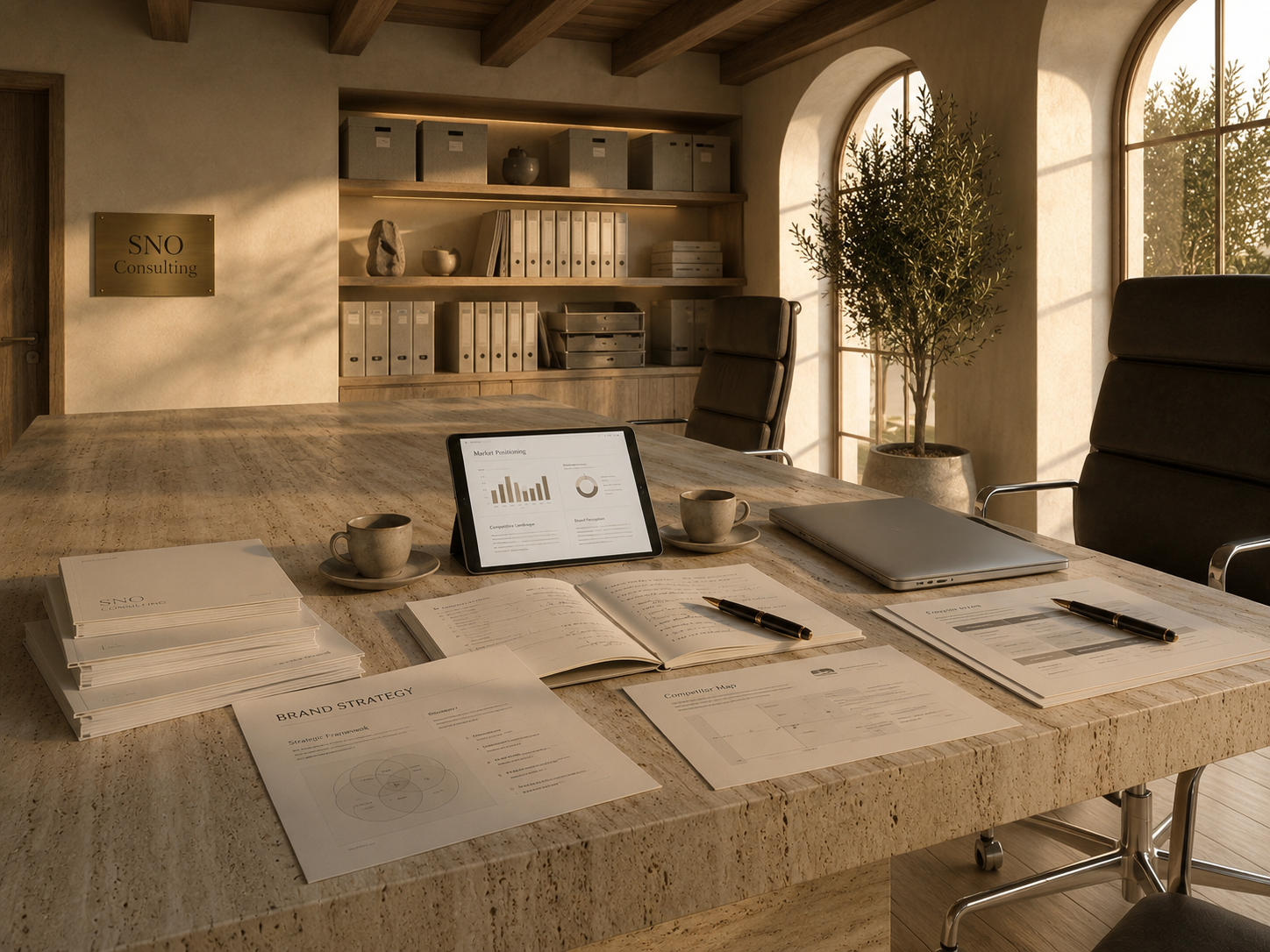 Editorial strategy workspace, marble table, brand documents and notebook in warm light